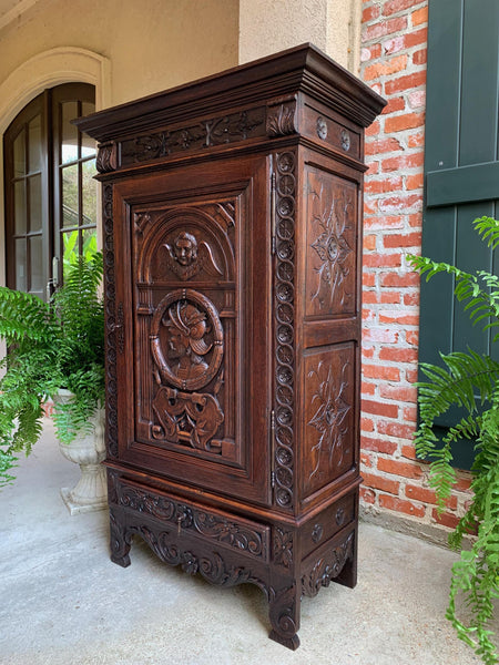 Antique French Carved Oak Storage Cabinet Renaissance Roman Centurion 19th cent