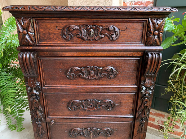 Antique French Carved Oak Tall Cabinet Faux Chest of Drawers Louis XIV style
