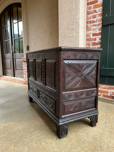 19th century Antique English Trunk Coffer Blanket Chest Carved Oak Foyer Table