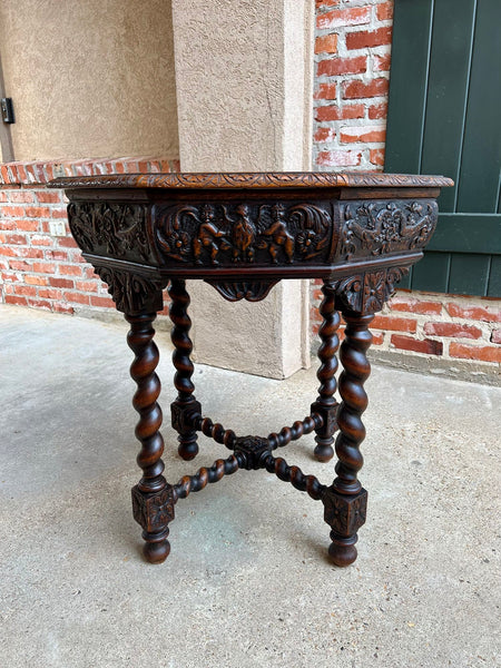 Antique French Octagon Sofa Table Carved Oak Barley Twist Louis XIII Renaissance