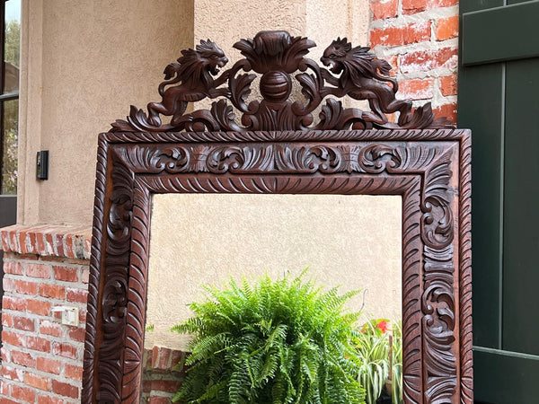 Antique French Pier Wall Mirror Renaissance Black Forest Lion Crest Carved Oak