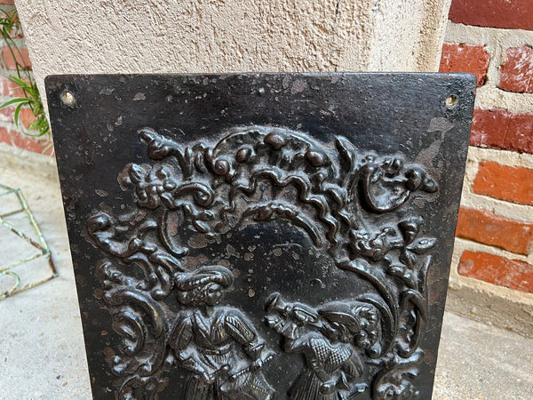 Antique English Fireback Cast Iron Hearth Panel Kitchen Backsplash Floral Music