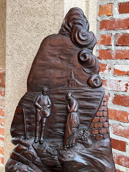 Antique French Carved Wood Wall Sculpture The Angelus by Jean Francois Millet