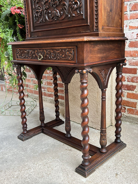 19th century French Carved Secretary Petite Writing Desk Barley Twist Louis XIII
