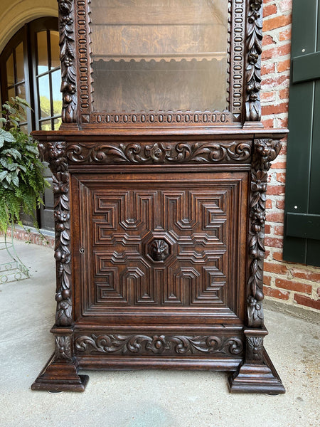 19th century French Bookcase Cabinet Carved Oak Black Forest Renaissance Display
