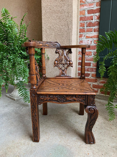 Antique French Carved Oak Corner Arm Chair Renaissance Louis XIV style