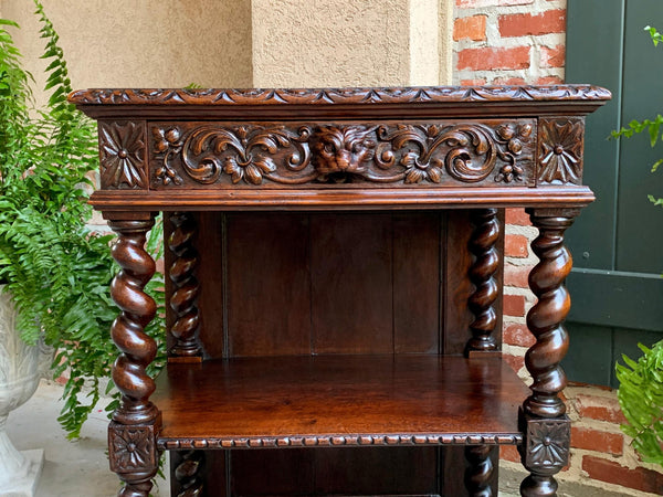 Antique French Carved Oak Petite Bookcase Server Barley Twist Display Louis XIII