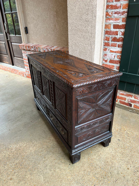 19th century Antique English Trunk Coffer Blanket Chest Carved Oak Foyer Table