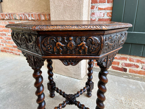 Antique French Octagon Sofa Table Carved Oak Barley Twist Louis XIII Renaissance