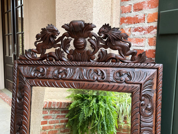 Antique French Pier Wall Mirror Renaissance Black Forest Lion Crest Carved Oak