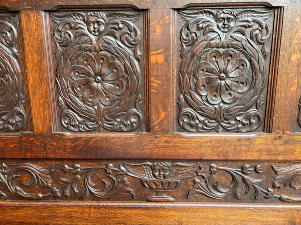 19th century French Hall Bench Settle Renaissance Carved Oak Cherub Black Forest