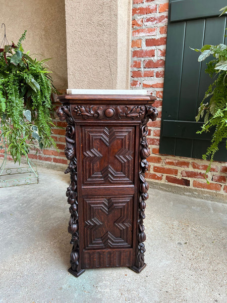 19th century French Louis XIII Cabinet Pedestal Table White Marble Carved Oak