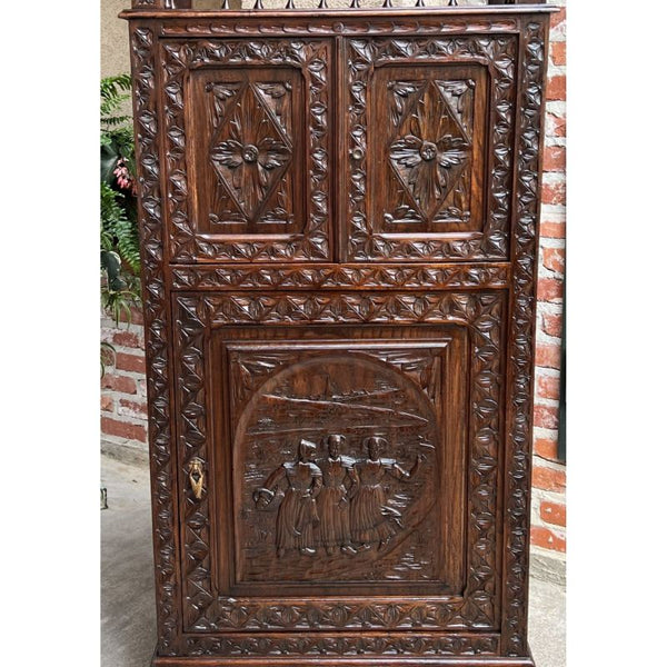 Antique French Carved Chestnut Cabinet Bonnetiere Armoire Breton Brittany