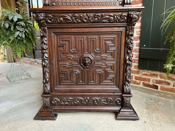 19th century French Bookcase Cabinet Carved Oak Black Forest Renaissance Display