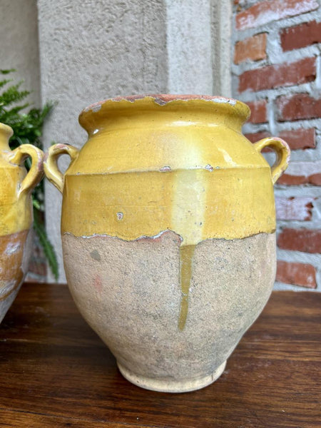 19th century PAIR Set 2 French Confit Pot Yellow Glazed Pottery Provincial