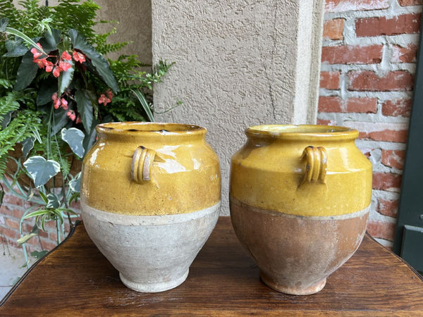19th century PAIR Set 2 French Confit Pot Yellow Glazed Pottery Provincial