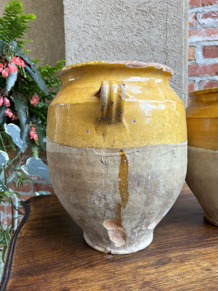 19th century PAIR Set 2 French Confit Pot Yellow Glazed Pottery Provincial