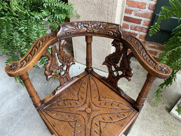 Antique French Carved Oak Corner Arm Chair Renaissance Louis XIV style