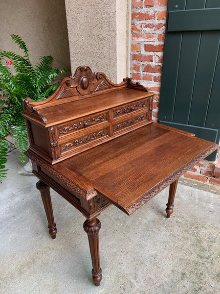 19th century Petite French Carved Oak Secretary Writing Desk Louis XVI Style