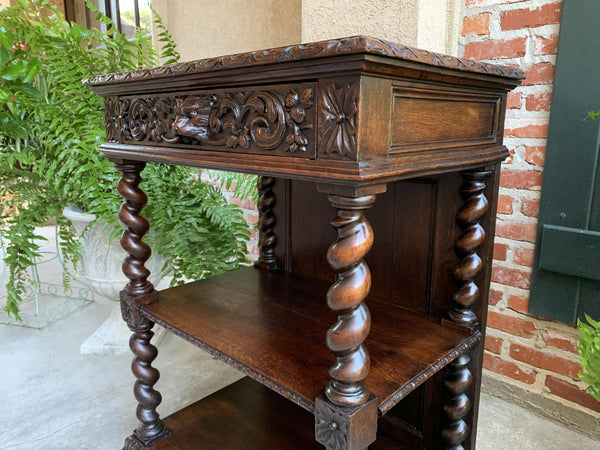 Antique French Carved Oak Petite Bookcase Server Barley Twist Display Louis XIII