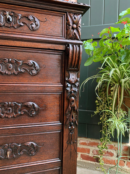 Antique French Carved Oak Tall Cabinet Faux Chest of Drawers Louis XIV style