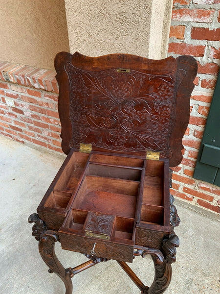 Antique French Carved Wood TABLE Jewelry Cabinet Louis XV Renaissance Faux Bois