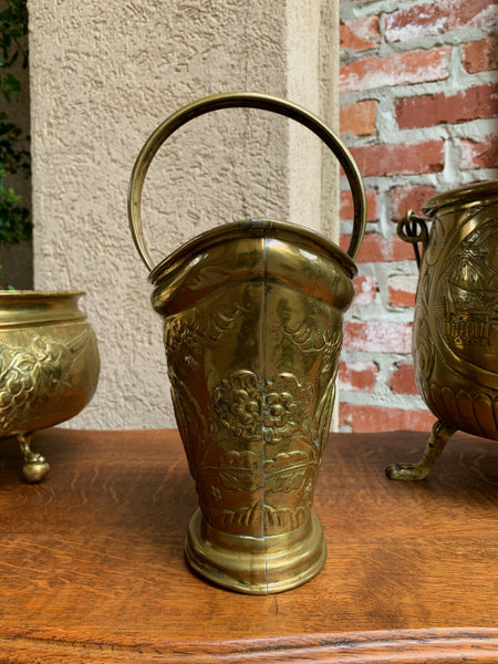 Antique English Embossed Repousse Brass Jardinière Planter Vase Rampant Lion