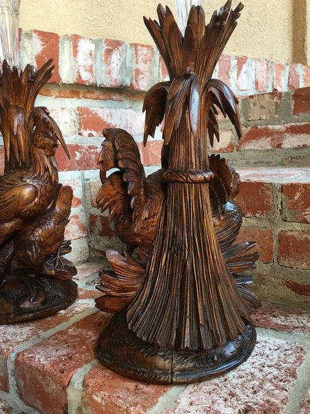 PAIR Antique Carved Wood BLACK FOREST Bird Chicken Vase Epergne Candleholder