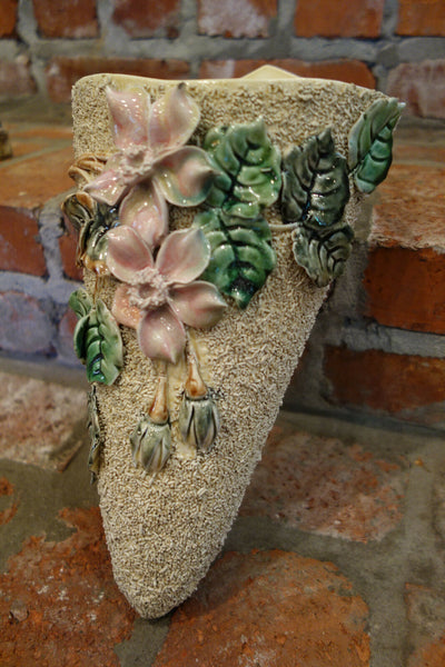 Antique French Majolica Barbotine Wall Pocket Flower Vase Confetti Staffordshire