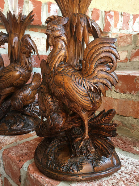 PAIR Antique Carved Wood BLACK FOREST Bird Chicken Vase Epergne Candleholder