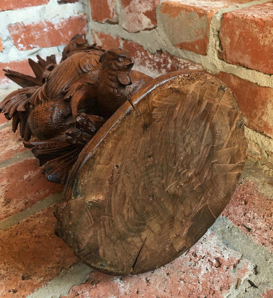 PAIR Antique Carved Wood BLACK FOREST Bird Chicken Vase Epergne Candleholder
