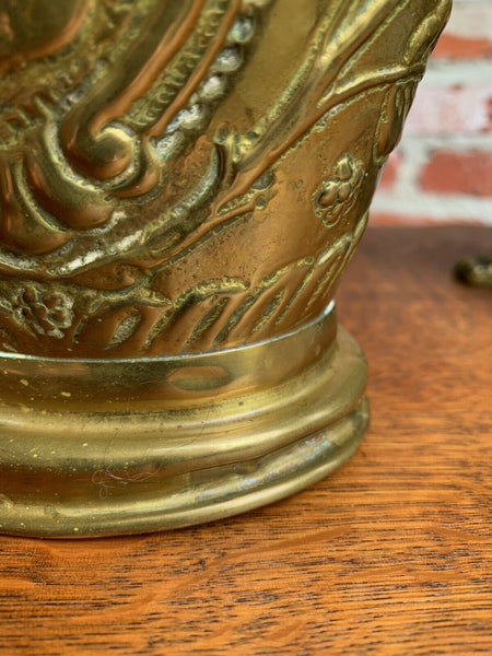 Antique English Embossed Repousse Brass Jardinière Planter Vase Rampant Lion