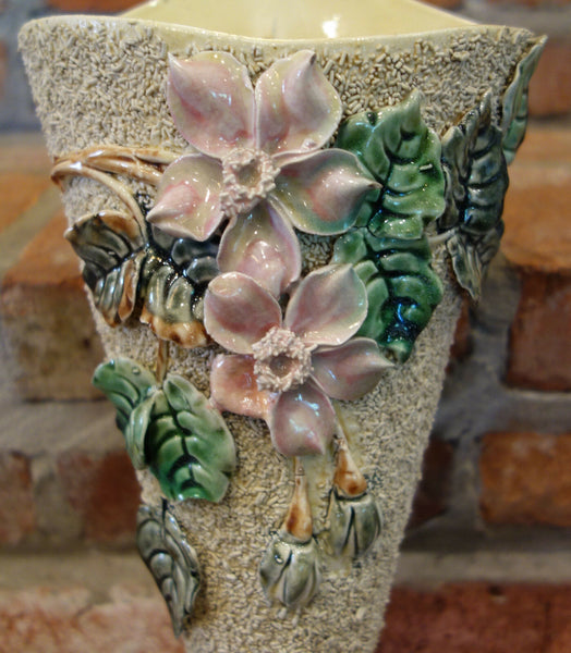 Antique French Majolica Barbotine Wall Pocket Flower Vase Confetti Staffordshire