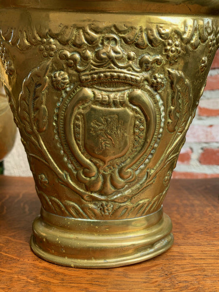 Antique English Embossed Repousse Brass Jardinière Planter Vase Rampant Lion