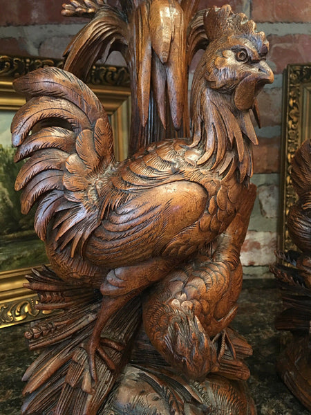 PAIR Antique Carved Wood BLACK FOREST Bird Chicken Vase Epergne Candleholder