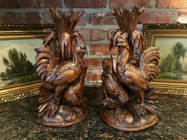 PAIR Antique Carved Wood BLACK FOREST Bird Chicken Vase Epergne Candleholder