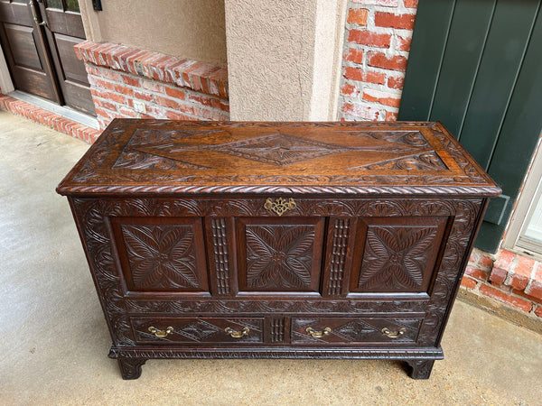 19th century Antique English Trunk Coffer Blanket Chest Carved Oak Foyer Table