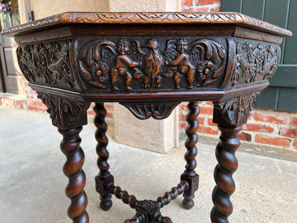 Antique French Octagon Sofa Table Carved Oak Barley Twist Louis XIII Renaissance