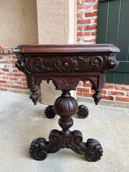 19th century Petite English Sofa Table Library Desk Renaissance Carved Oak