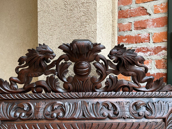 Antique French Pier Wall Mirror Renaissance Black Forest Lion Crest Carved Oak