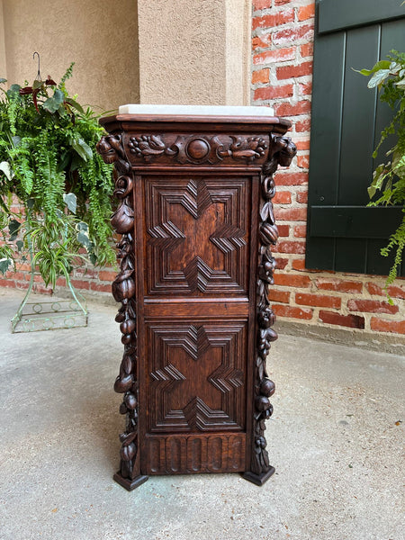 19th century French Louis XIII Cabinet Pedestal Table White Marble Carved Oak