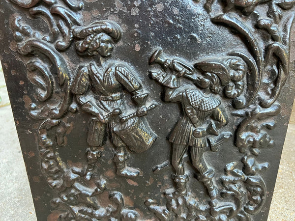 Antique English Fireback Cast Iron Hearth Panel Kitchen Backsplash Floral Music
