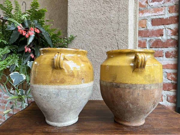 19th century PAIR Set 2 French Confit Pot Yellow Glazed Pottery Provincial