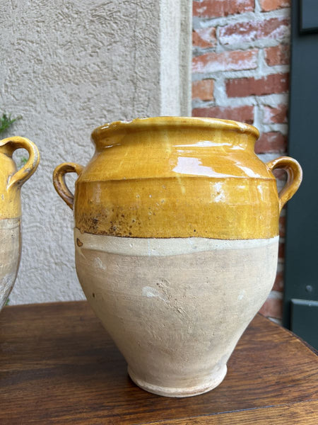 19th century PAIR Set 2 French Confit Pot Yellow Glazed Pottery Provincial