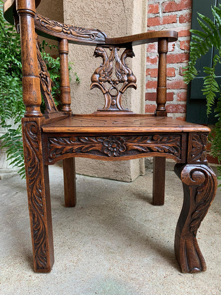Antique French Carved Oak Corner Arm Chair Renaissance Louis XIV style