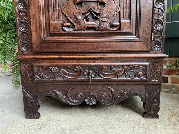 Antique French Carved Oak Storage Cabinet Renaissance Roman Centurion 19th cent