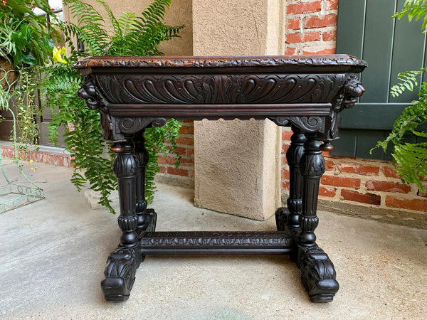 Antique Petite French Carved Oak Dolphin Table Desk Renaissance Gothic 19th c