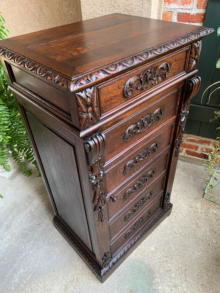 Antique French Carved Oak Tall Cabinet Faux Chest of Drawers Louis XIV style