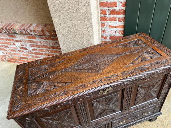 19th century Antique English Trunk Coffer Blanket Chest Carved Oak Foyer Table