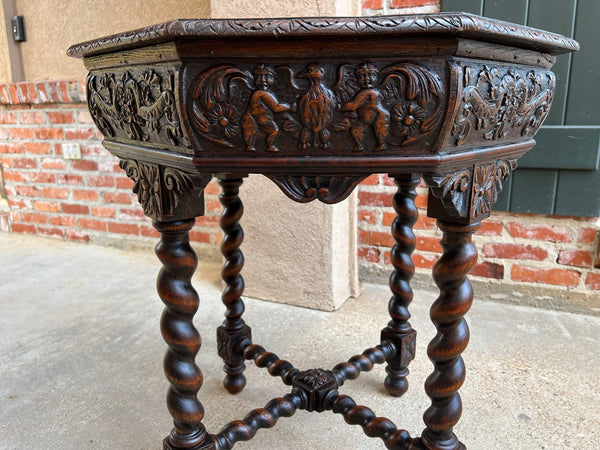 Antique French Octagon Sofa Table Carved Oak Barley Twist Louis XIII Renaissance